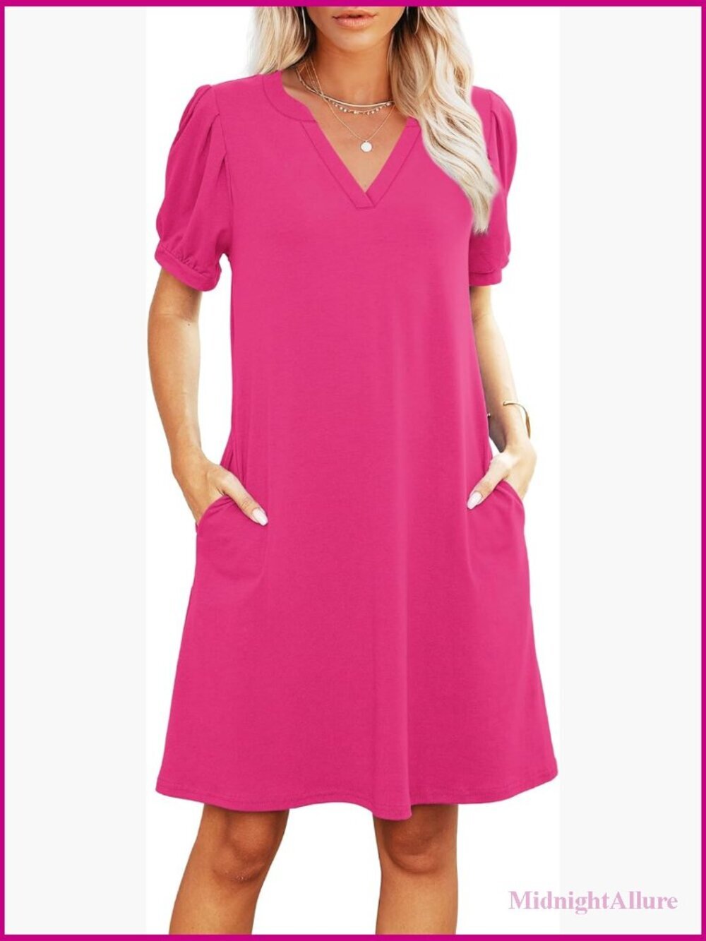 V-Neck Short Puff Sleeve Swing Dress with Pockets